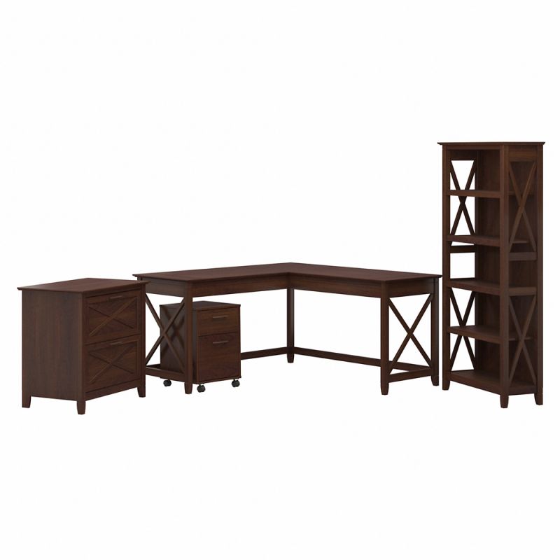 Bush Furniture - Key West 60W L Shaped Desk with File Cabinets and 5 Shelf Bookcase in Bing Cherry - KWS017BC