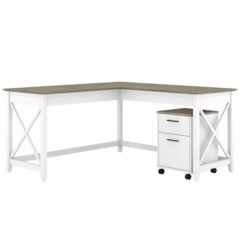 Bush Furniture - Key West 60W L Shaped Desk with 2 Drawer Mobile File Cabinet in Pure White and Shiplap Gray - KWS013G2W