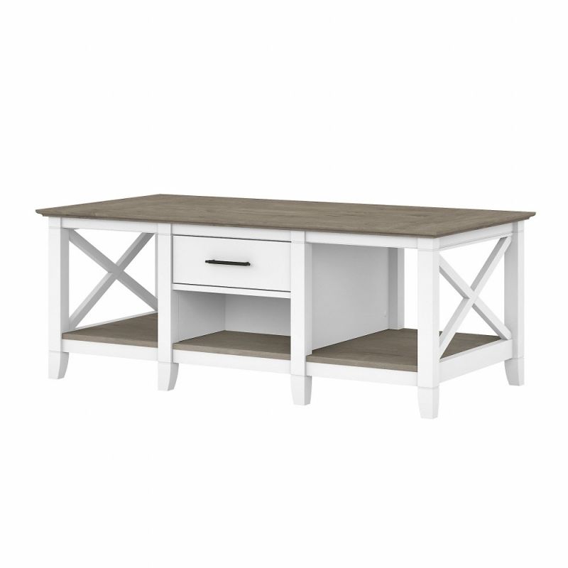 Bush Furniture - Key West Coffee Table with Storage in Pure White and Shiplap Gray - KWT148G2W-03