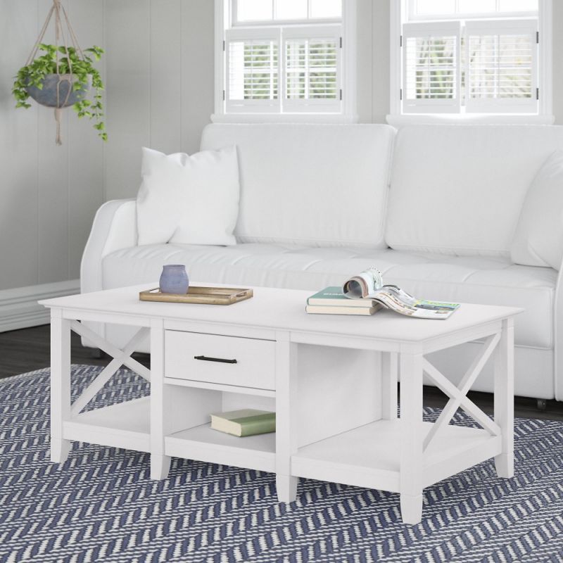 Bush Furniture - Key West Coffee Table with Storage in Pure White Oak - KWT148WT-03