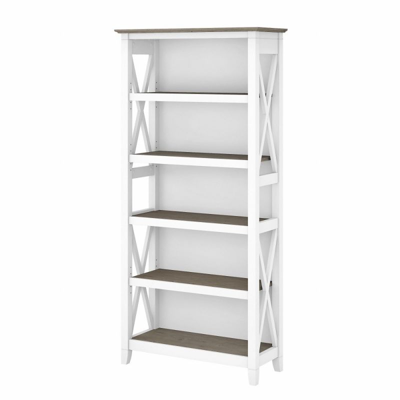 Bush Furniture - Key West Tall 5 Shelf Bookcase in Pure White and Shiplap Gray - KWB132G2W-03