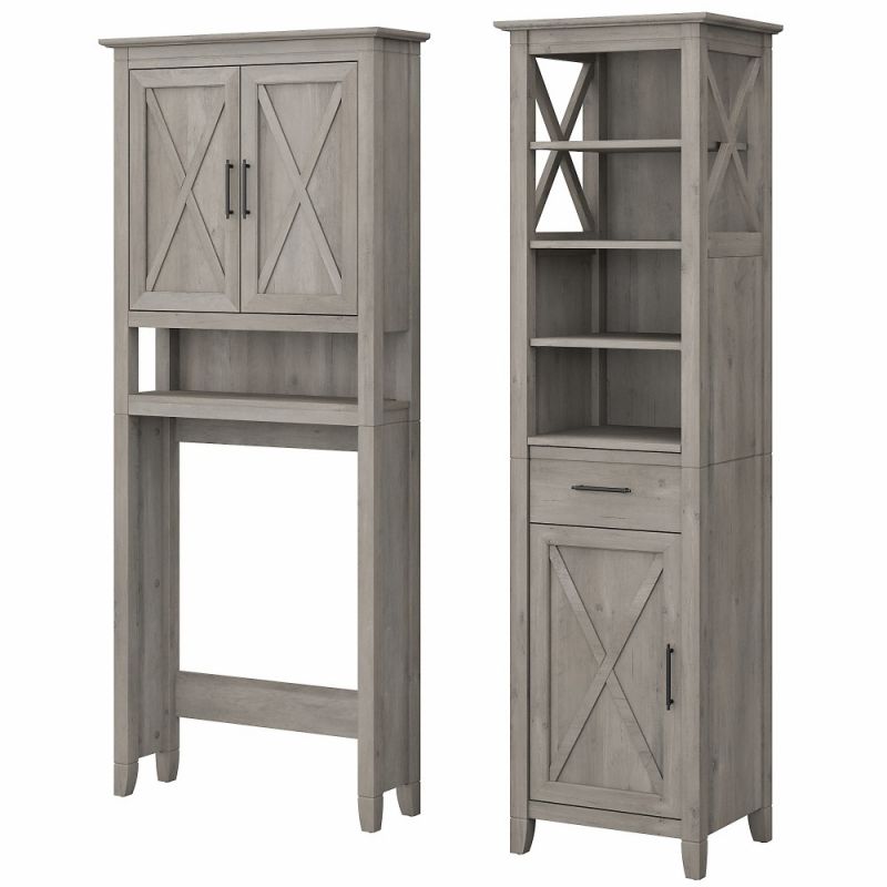 Bush Furniture - Key West Tall Linen Cabinet and Over The Toilet Storage Cabinet in Driftwood Gray - KWS038DG