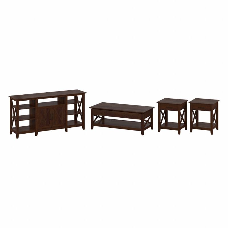 Bush Furniture - Key West Tall TV Stand with Lift Top Coffee Table Desk and End Tables in Bing Cherry - KWS078BC