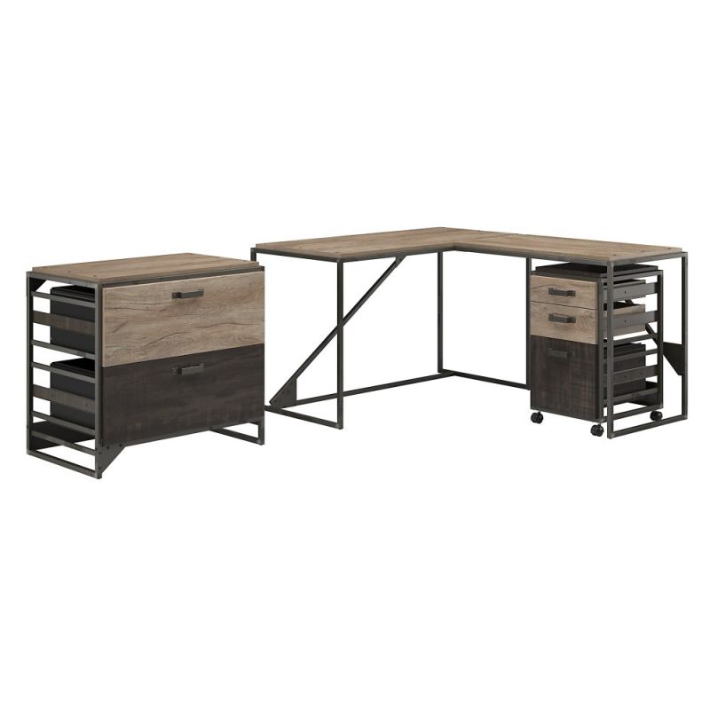 Bush Furniture - Refinery 50W L Shaped Industrial Desk with Return and File Cabinets in Rustic Gray - RFY009RG