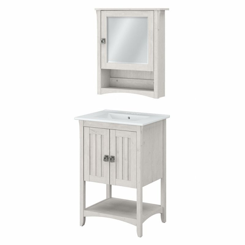Bush Furniture - Salinas 24W Bathroom Vanity Sink and Medicine Cabinet with Mirror in Linen White Oak - SAL018LW
