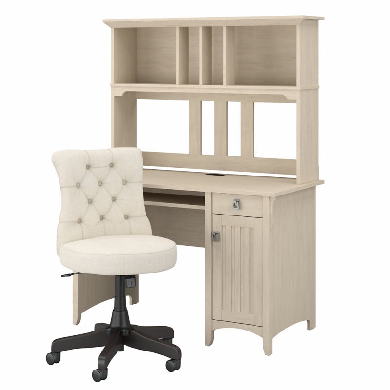Bush Furniture - Salinas 48W Computer Desk with Hutch and Mid Back Tufted Office Chair in Antique White - SAL012AW
