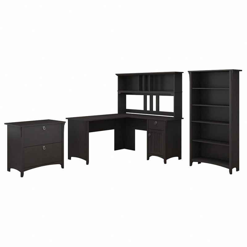 Bush Furniture - Salinas 60W L Shaped Desk with Hutch, Lateral File Cabinet and 5 Shelf Bookcase in Vintage Black - SAL007VB