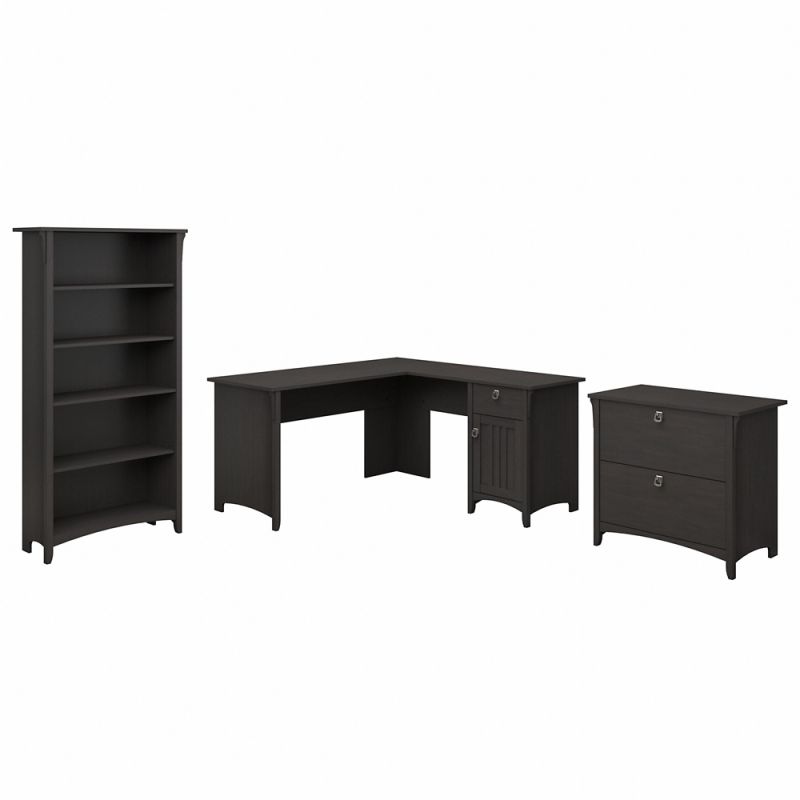 Bush Furniture - Salinas 60W L Shaped Desk with Lateral File Cabinet and 5 Shelf Bookcase in Vintage Black - SAL003VB