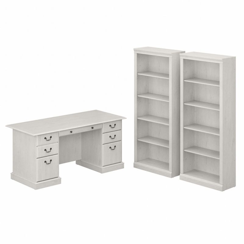 Bush Furniture - Saratoga Executive Desk and Bookcase Set in Linen White Oak - SAR003LW