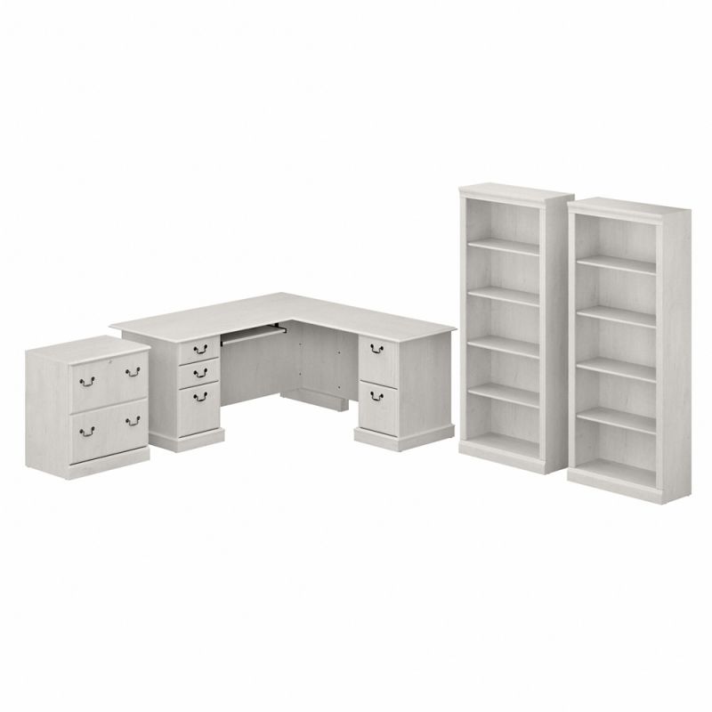 Bush Furniture - Saratoga L Shaped Computer Desk with File Cabinet and Bookcase Set in Linen White Oak - SAR002LW