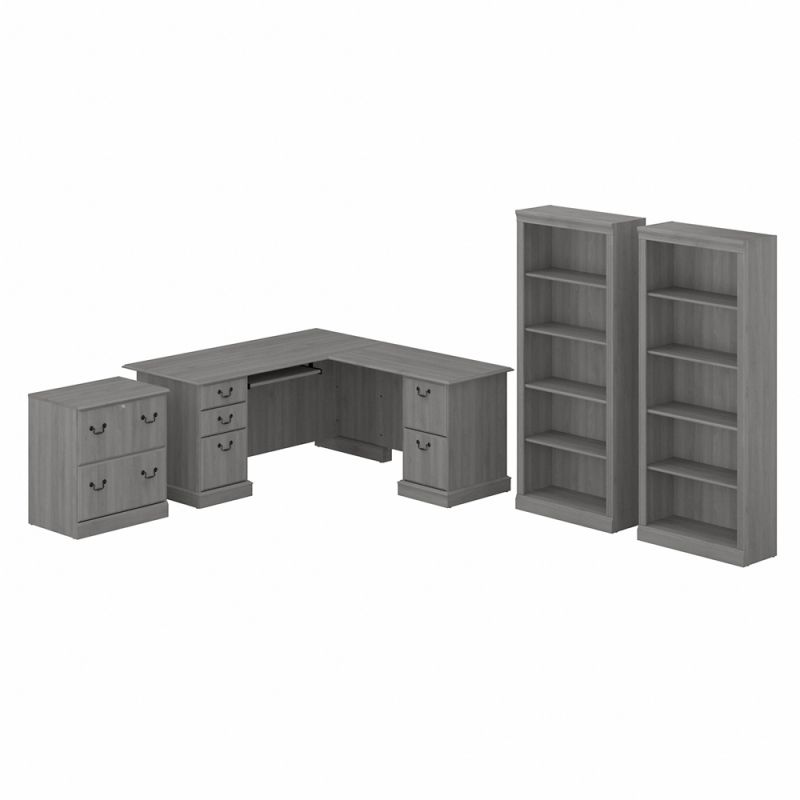 Bush Furniture - Saratoga L Shaped Computer Desk with File Cabinet and Bookcase Set in Modern Gray - SAR002MG