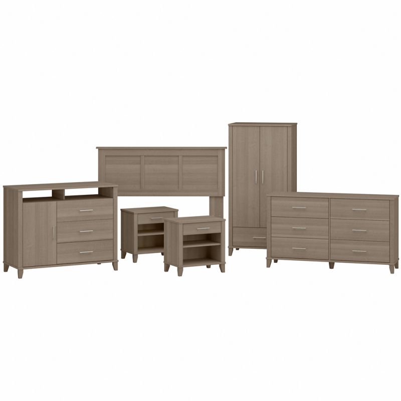 Bush Furniture - Somerset 6 Piece Bedroom Set with Full/Queen Size Headboard and Storage in Ash Gray - SET037AG