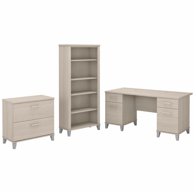 Bush Furniture - Somerset 60W Desk with Lateral File and Bookcase in Sand Oak - SET013SO