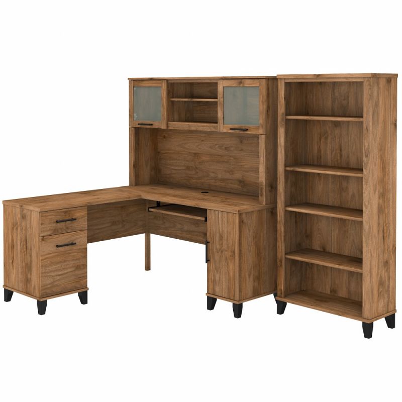 Bush Furniture - Somerset 60W L Shaped Desk with Hutch and 5 Shelf Bookcase in Fresh Walnut - SET010FW