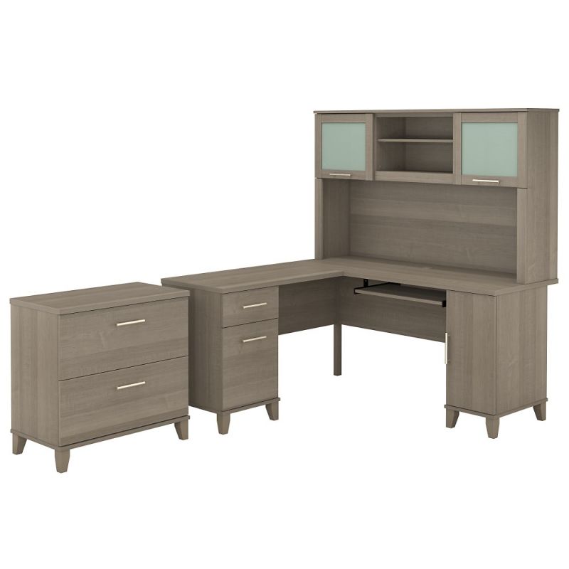 Bush Furniture - Somerset 60W L Shaped Desk with Hutch and Lateral File Cabinet in Ash Gray - SET008AG