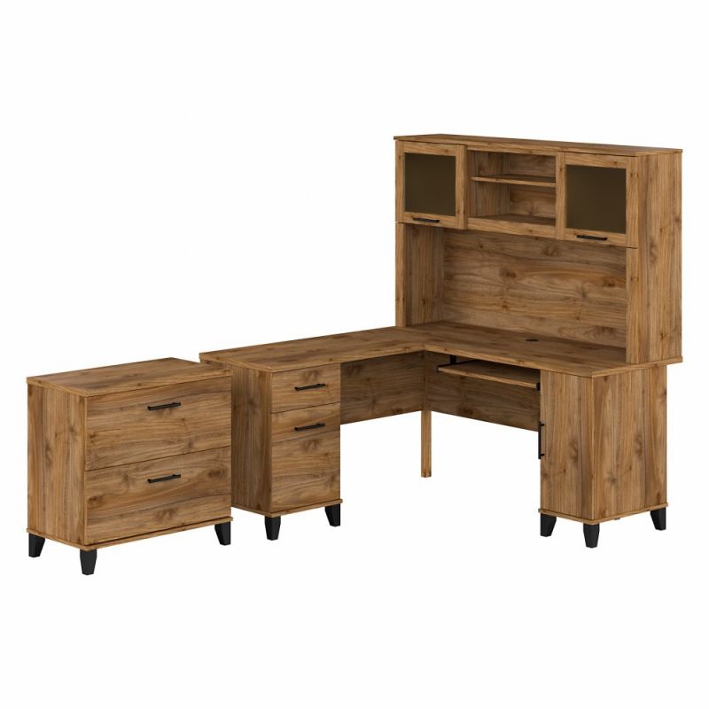 Bush Furniture - Somerset 60W L Shaped Desk with Hutch and Lateral File Cabinet in Fresh Walnut - SET008FW