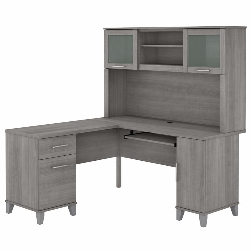 Bush Furniture - Somerset 60W L Shaped Desk with Hutch in Platinum Gray - SET002PG