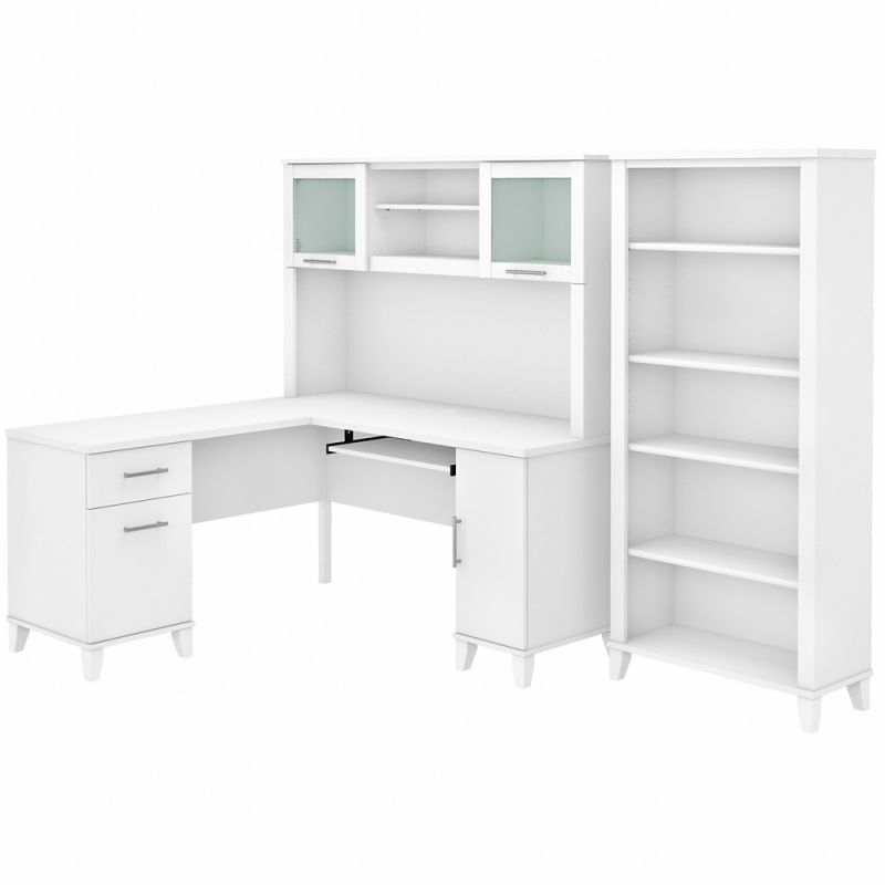 Bush Furniture - Somerset 60W L Shaped Desk with Hutch and 5 Shelf Bookcase in White - SET010WH