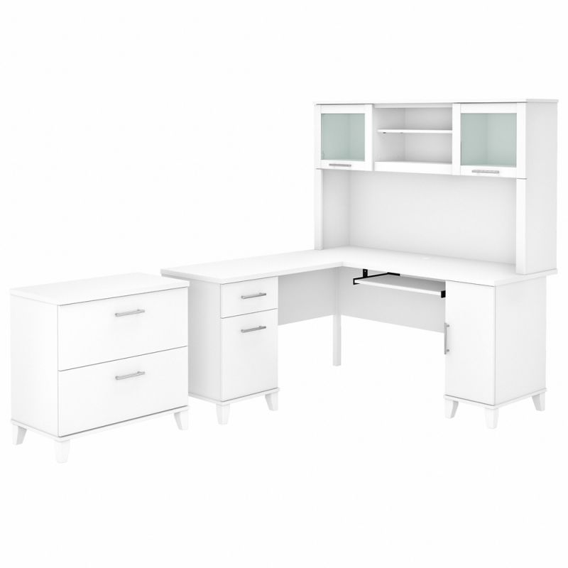 Bush Furniture - Somerset 60W L Shaped Desk with Hutch and Lateral File Cabinet in White - SET008WH
