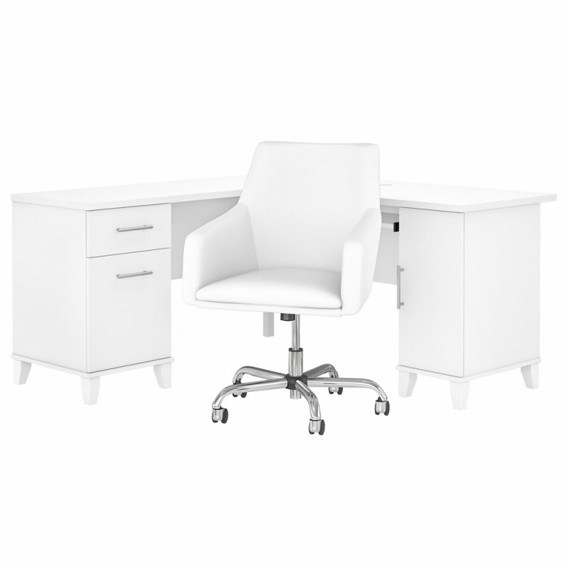 Bush Furniture - Somerset 60W L Shaped Desk with Mid Back Leather Box Chair in White - SET022WH