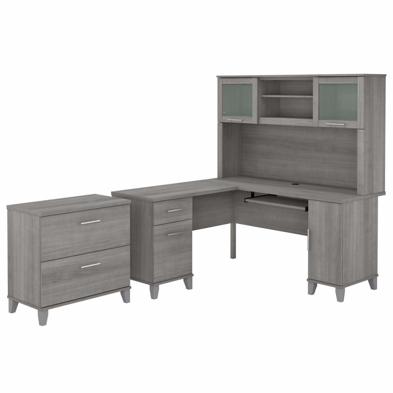 Bush Furniture - Somerset 60W L Shaped Desk with Hutch and Lateral File Cabinet in Platinum Gray - SET008PG