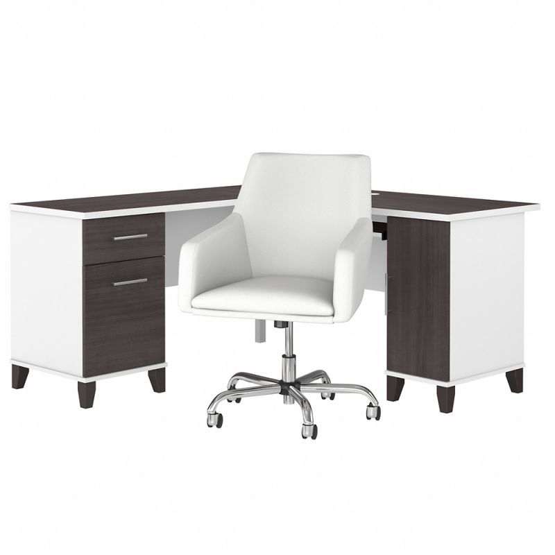 Bush Furniture - Somerset 60W L Shaped Desk with Mid Back Leather Box Chair in White and Storm Gray - SET022SGWH