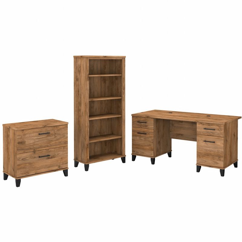 Bush Furniture - Somerset 60W Office Desk with Lateral File Cabinet and 5 Shelf Bookcase in Fresh Walnut - SET013FW