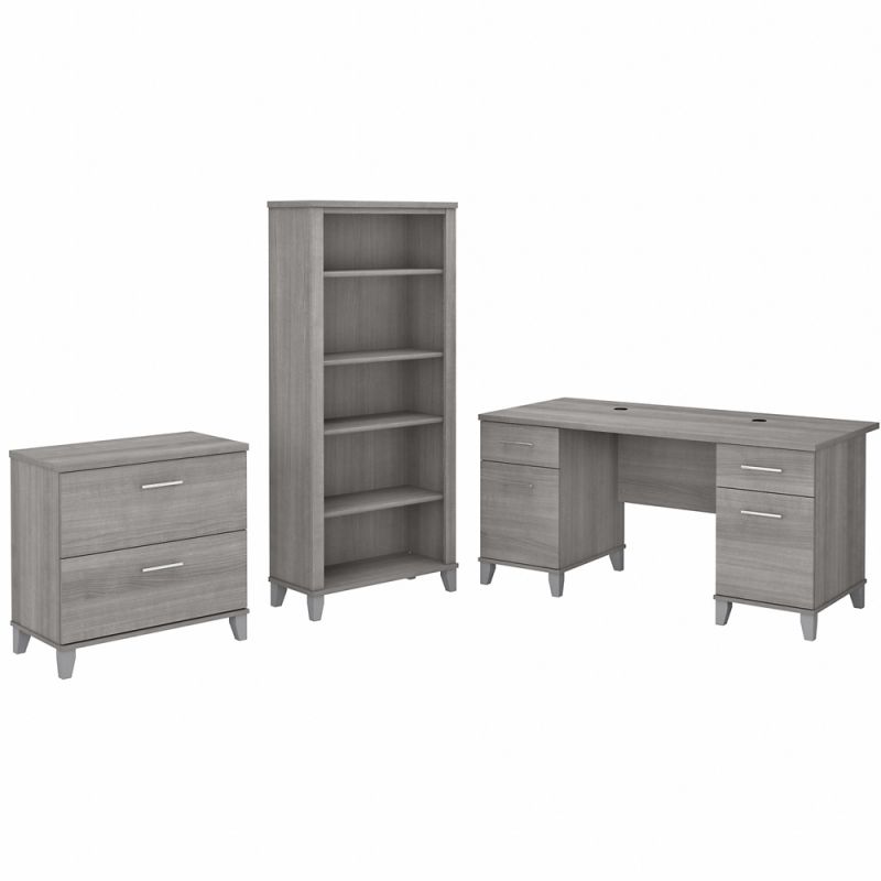 Bush Furniture - Somerset 60W Office Desk with Lateral File Cabinet and 5 Shelf Bookcase in Platinum Gray - SET013PG