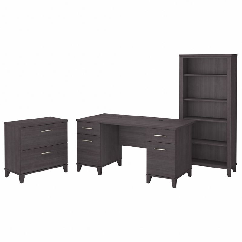 Bush Furniture - Somerset 60W Office Desk with Lateral File Cabinet and 5 Shelf Bookcase in Storm Gray - SET013SG