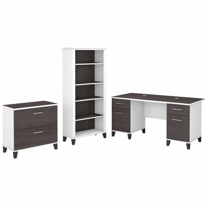 Bush Furniture - Somerset 60W Office Desk with Lateral File Cabinet and 5 Shelf Bookcase in White and Storm Gray - SET013SGWH
