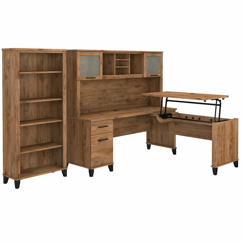 Bush Furniture - Somerset 72W 3 Position Sit to Stand L Shaped Desk with Hutch and Bookcase in Fresh Walnut - SET017FW