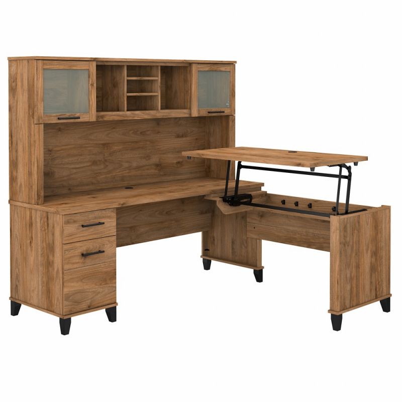 Bush Furniture - Somerset 72W 3 Position Sit to Stand L Shaped Desk with Hutch in Fresh Walnut - SET015FW