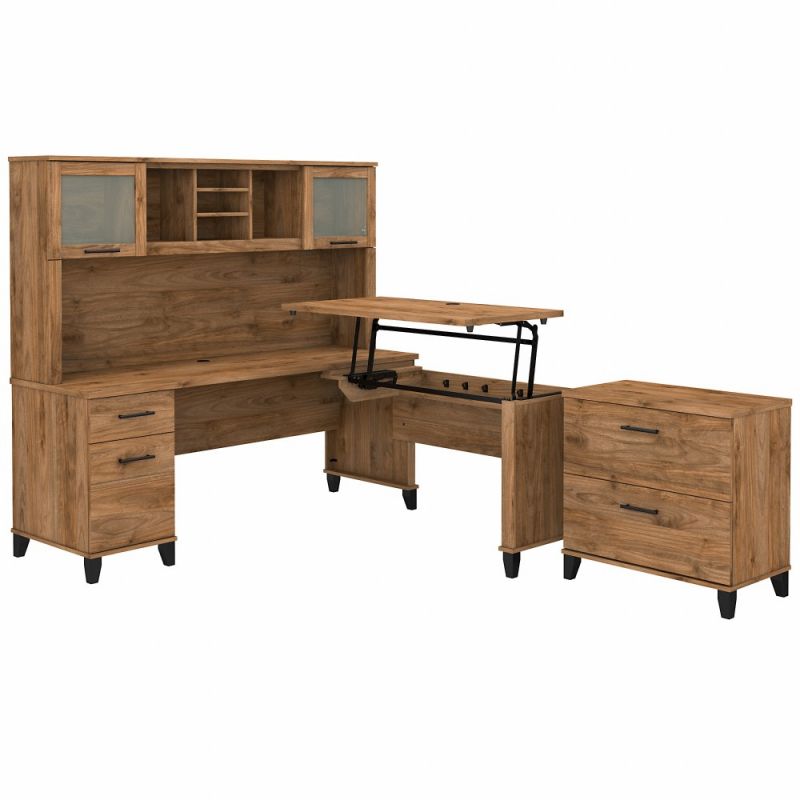 Bush Furniture - Somerset 72W 3 Position Sit to Stand L Shaped Desk with Hutch and File Cabinet in Fresh Walnut - SET016FW