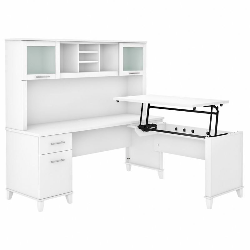 Bush Furniture - Somerset 72W 3 Position Sit to Stand L Shaped Desk with Hutch in White - SET015WH