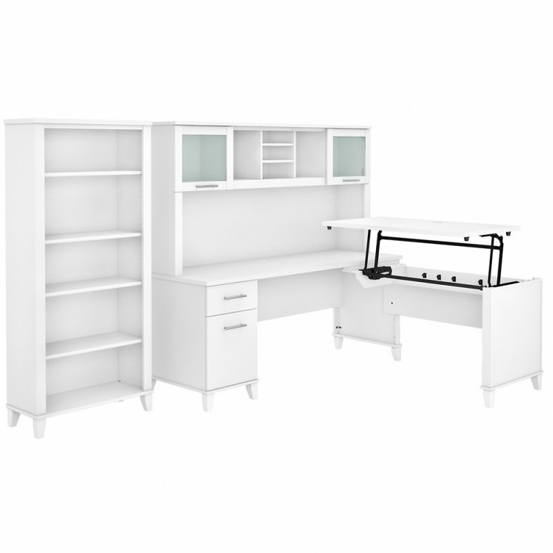 Bush Furniture - Somerset 72W 3 Position Sit to Stand L Shaped Desk with Hutch and Bookcase in White - SET017WH