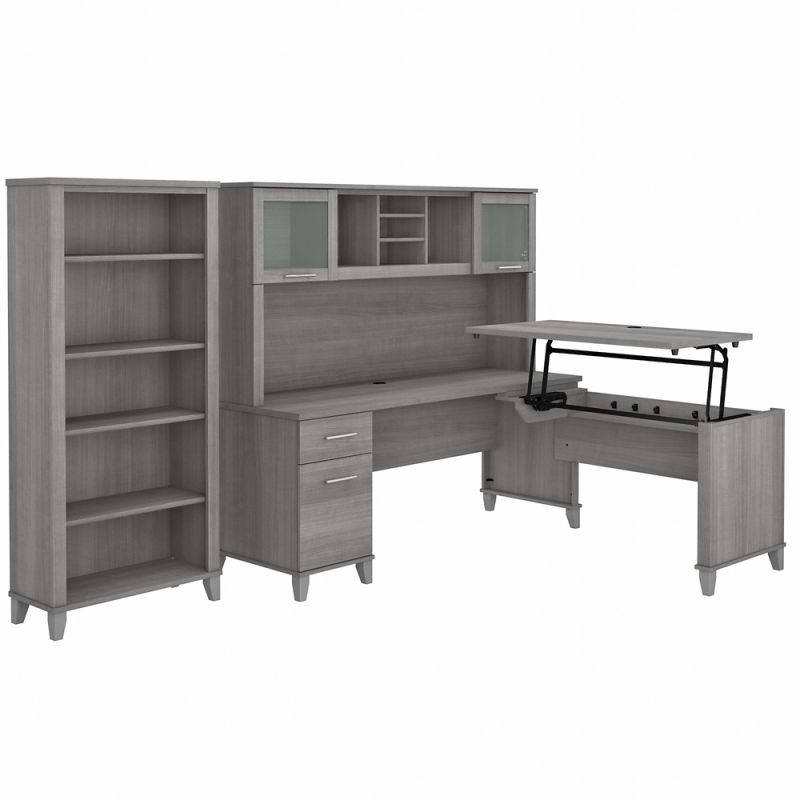 Bush Furniture - Somerset 72W 3 Position Sit to Stand L Shaped Desk with Hutch and Bookcase in Platinum Gray - SET017PG