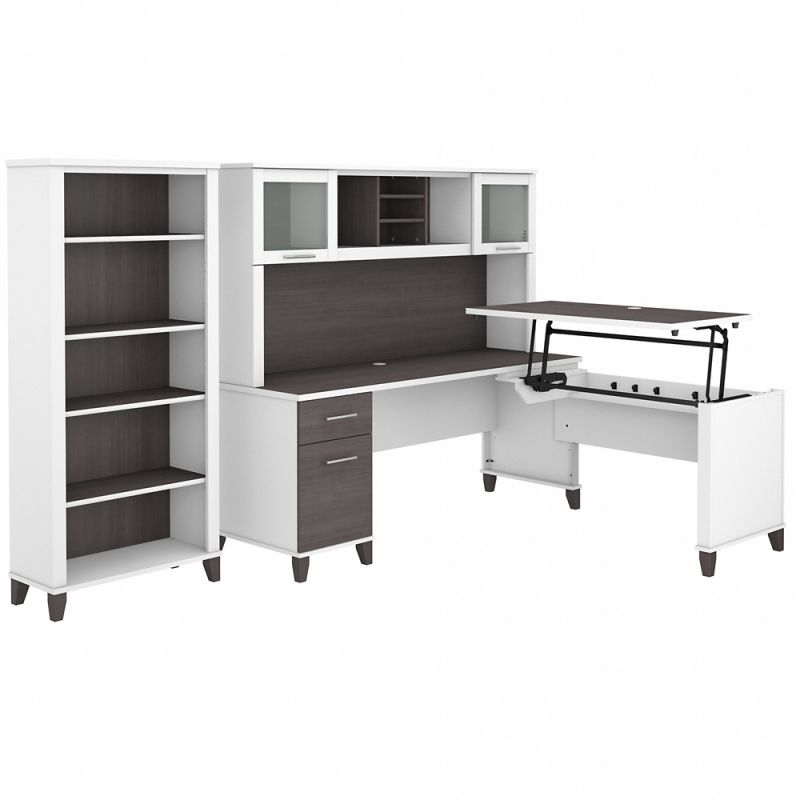 Bush Furniture - Somerset 72W 3 Position Sit to Stand L Shaped Desk with Hutch and Bookcase in White and Storm Gray - SET017SGWH