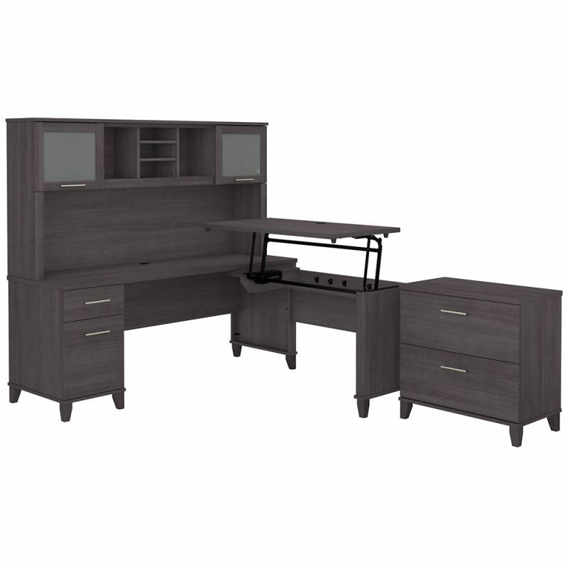 Bush Furniture - Somerset 72W 3 Position Sit to Stand L Shaped Desk with Hutch and File Cabinet in Storm Gray - SET016SG