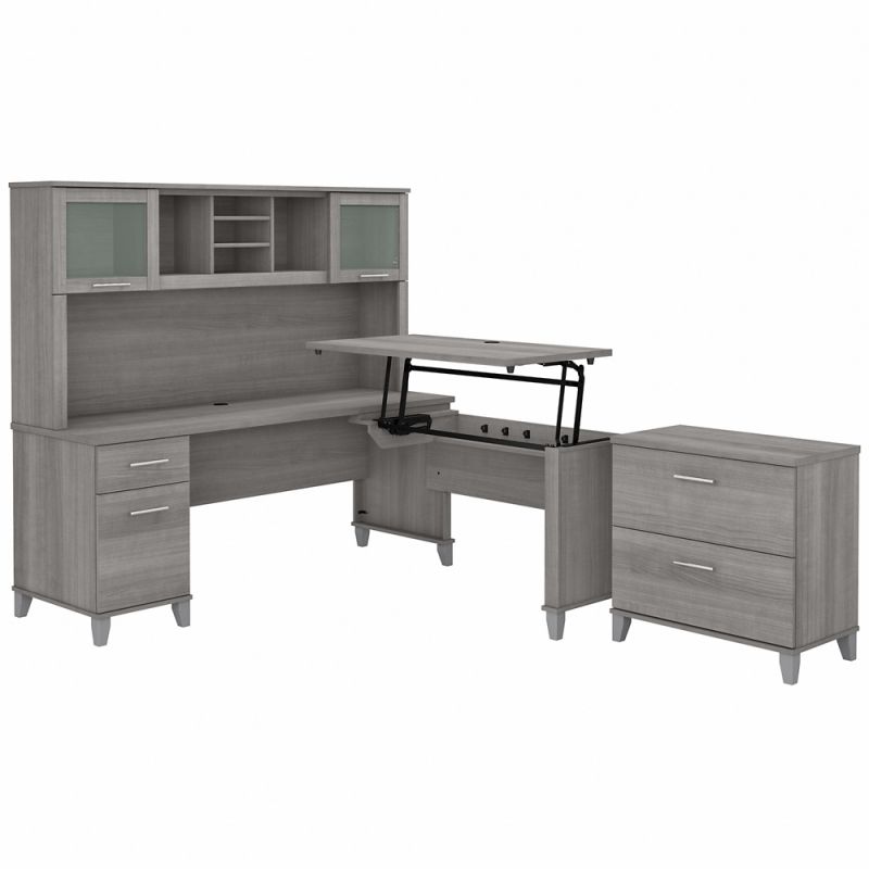 Bush Furniture - Somerset 72W 3 Position Sit to Stand L Shaped Desk with Hutch and File Cabinet in Platinum Gray - SET016PG