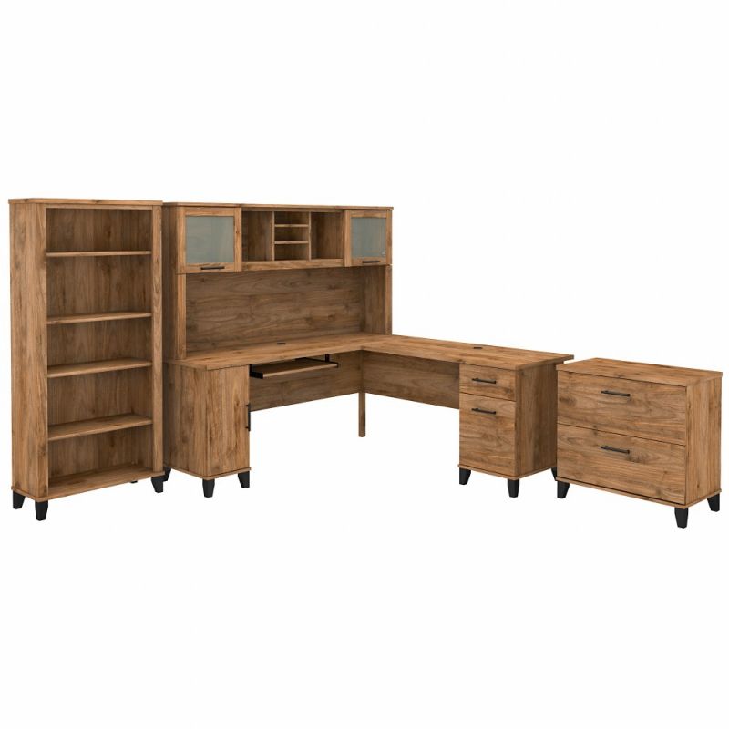 Bush Furniture - Somerset 72W L Shaped Desk with Hutch - Lateral File Cabinet and Bookcase in Fresh Walnut - SET012FW