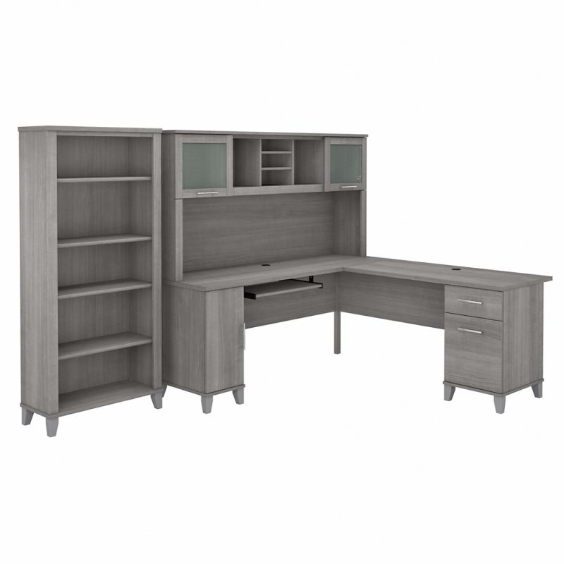 Bush Furniture - Somerset 72W L Shaped Desk with Hutch and 5 Shelf Bookcase in Platinum Gray - SET011PG
