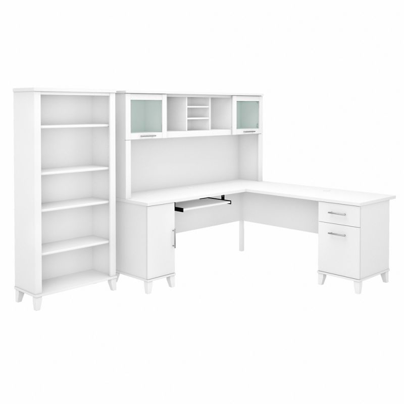 Bush Furniture - Somerset 72W L Shaped Desk with Hutch and 5 Shelf Bookcase in White - SET011WH