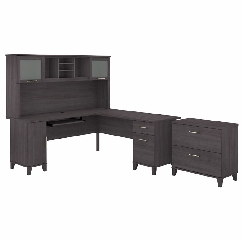 Bush Furniture - Somerset 72W L Shaped Desk with Hutch and Lateral File Cabinet in Storm Gray - SET009SG