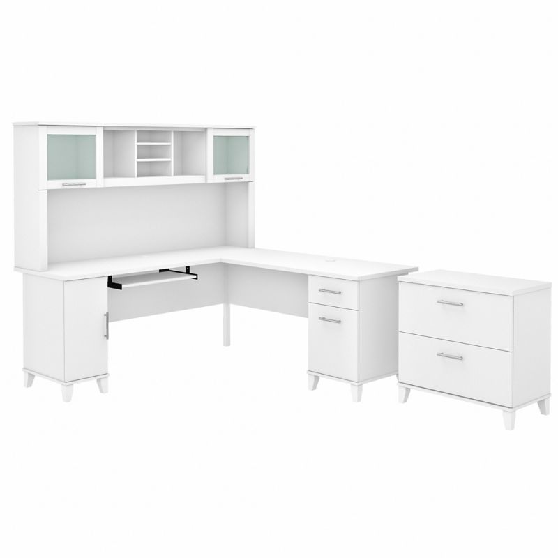 Bush Furniture - Somerset 72W L Shaped Desk with Hutch and Lateral File Cabinet in White - SET009WH
