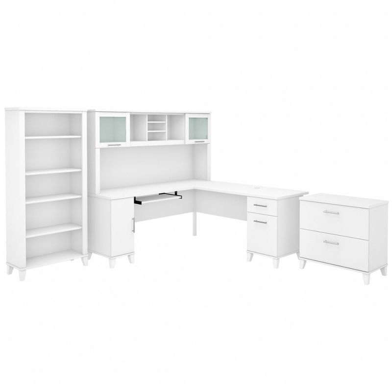 Bush Furniture - Somerset 72W L Shaped Desk with Hutch, Lateral File Cabinet and Bookcase in White - SET012WH