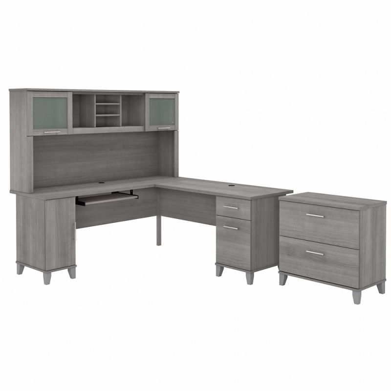 Bush Furniture - Somerset 72W L Shaped Desk with Hutch and Lateral File Cabinet in Platinum Gray - SET009PG