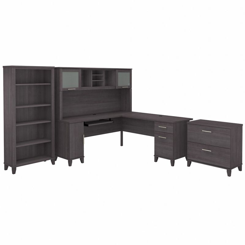 Bush Furniture - Somerset 72W L Shaped Desk with Hutch, Lateral File Cabinet and Bookcase in Storm Gray - SET012SG
