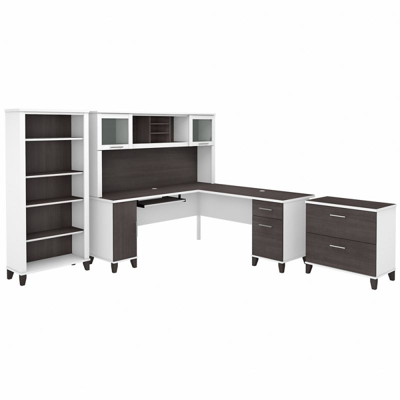 Bush Furniture - Somerset 72W L Shaped Desk with Hutch, Lateral File Cabinet and Bookcase in White and Storm Gray - SET012SGWH