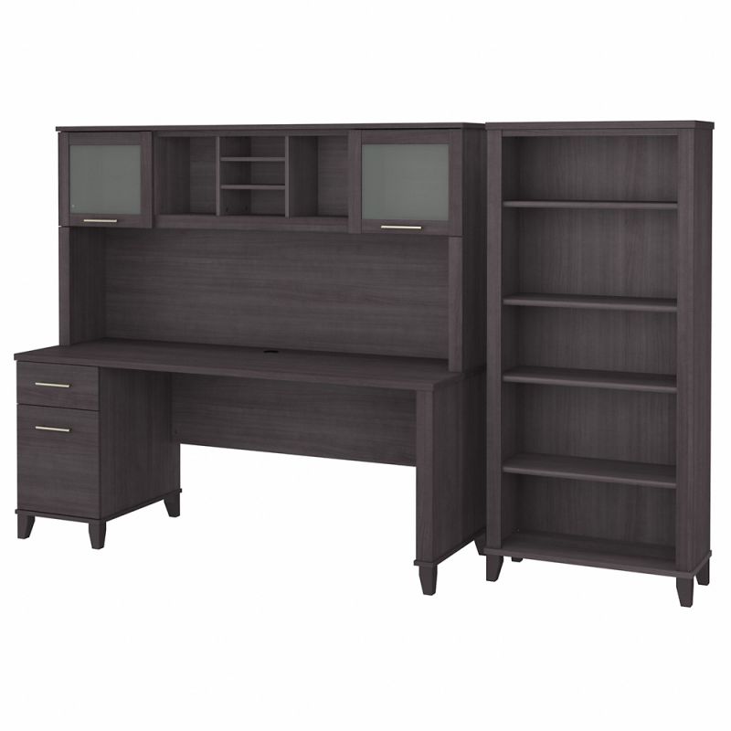 Bush Furniture - Somerset 72W Office Desk with Hutch and 5 Shelf Bookcase in Storm Gray - SET020SG