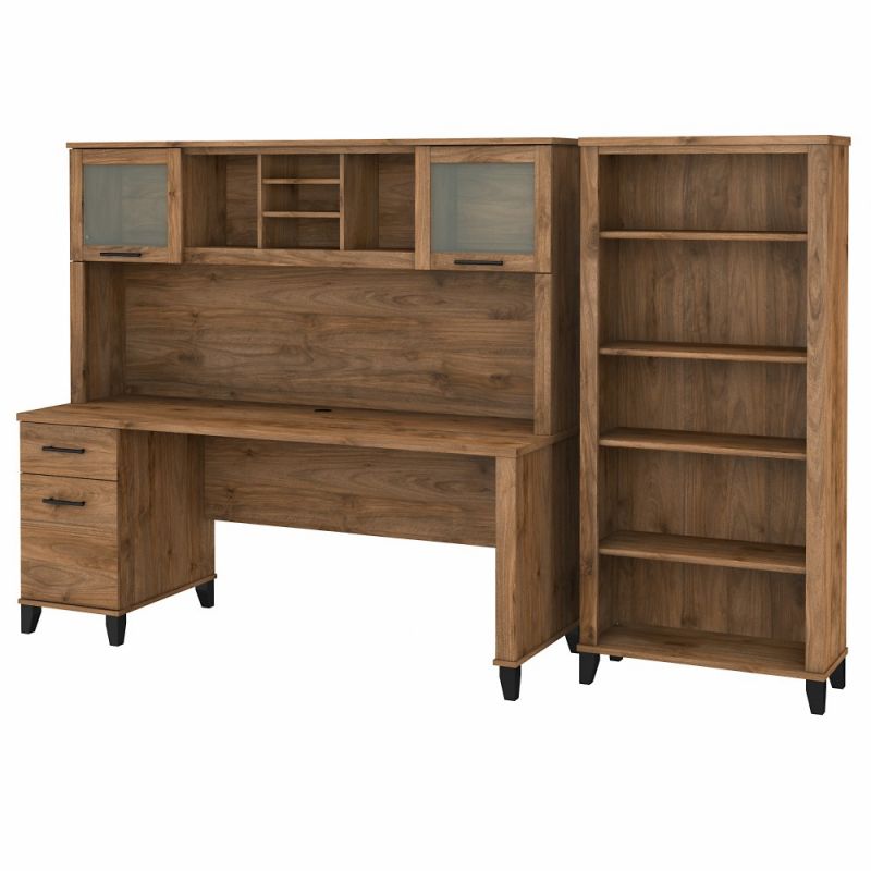 Bush Furniture - Somerset 72W Office Desk with Hutch and 5 Shelf Bookcase in Fresh Walnut - SET020FW